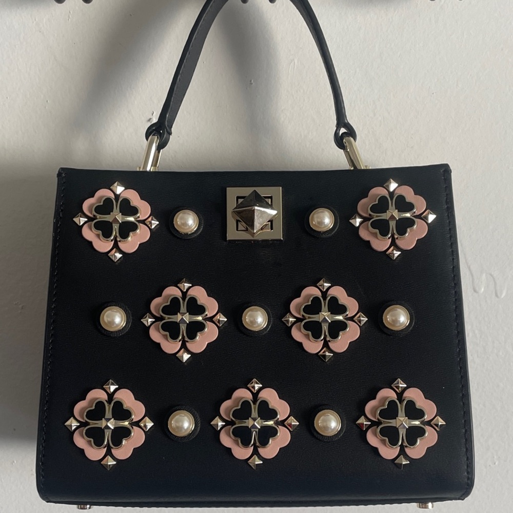 Kate Spade New York Black Mini Bag with Pink Clover/Heart Floral & Pearl Accents